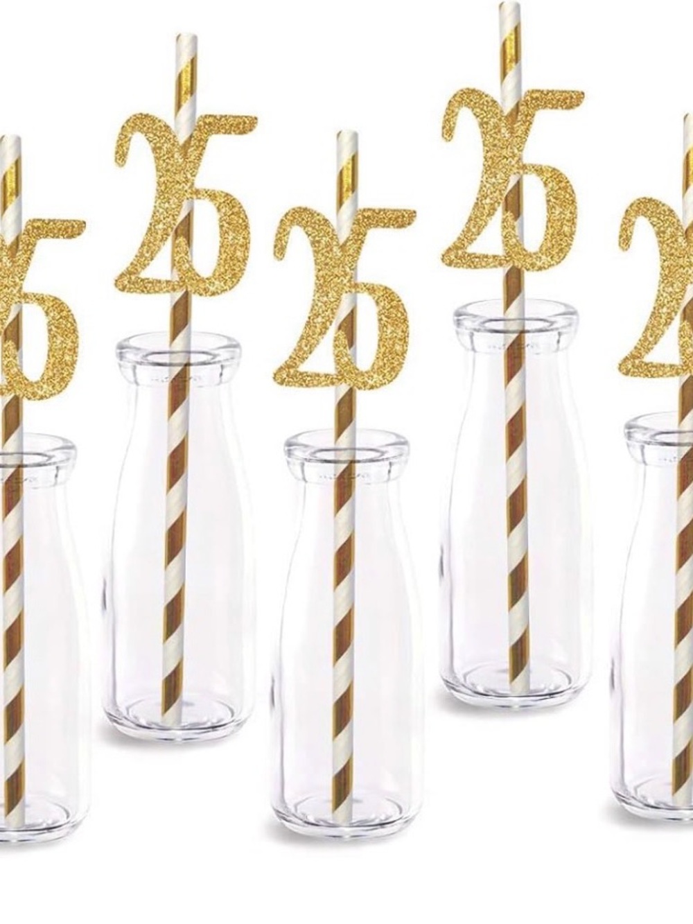 Amazon Gold Glitter '25' Party Straw Toppers with Striped Straws